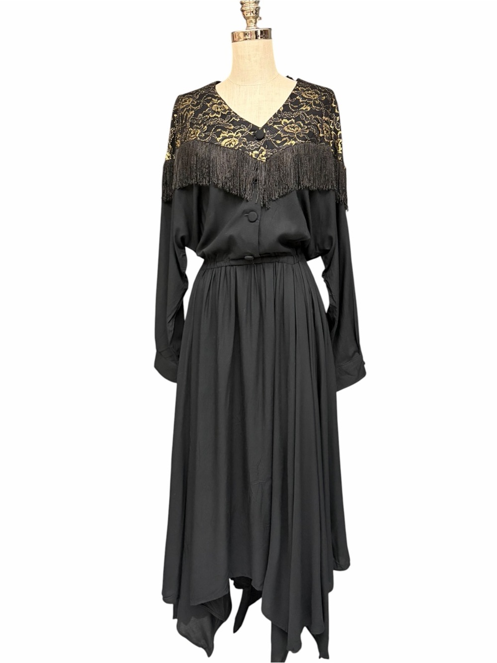 Vintage Maxi Dress Boho Black Gold Lace Fringe Handkerchief Hem Western Witchy